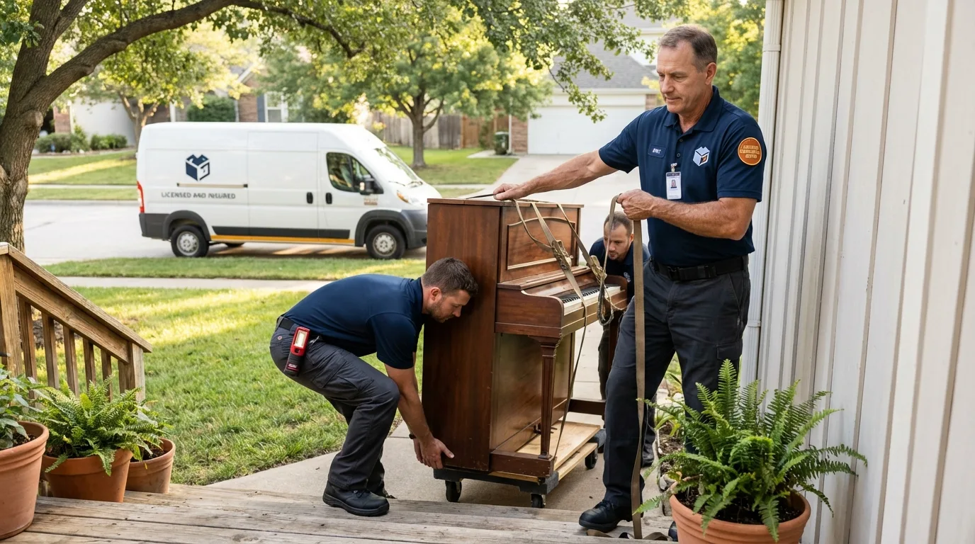 Licensed piano movers securing grand piano in Shelby, MT