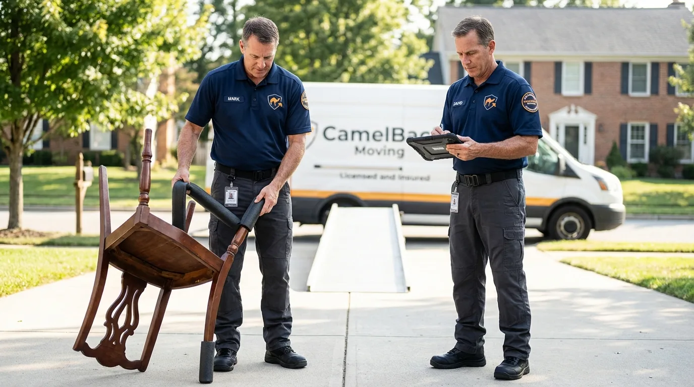 Movers inspecting furniture for damage prevention before loading in Shelby, MT